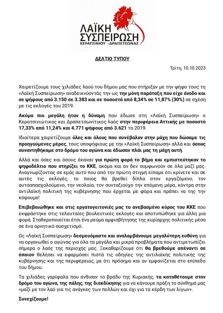 Λαϊκή Συσπείρωση: Χαιρετίζουμε τους χιλιάδες στο ΚΕΡΑΤΣΙΝΙ και τη ΔΡΑΠΕΤΣΩΝΑ που έριξαν κόκκινα γαρίφαλα στη κάλπη. ΣΥΝΕΧΙΖΟΥΜΕ!